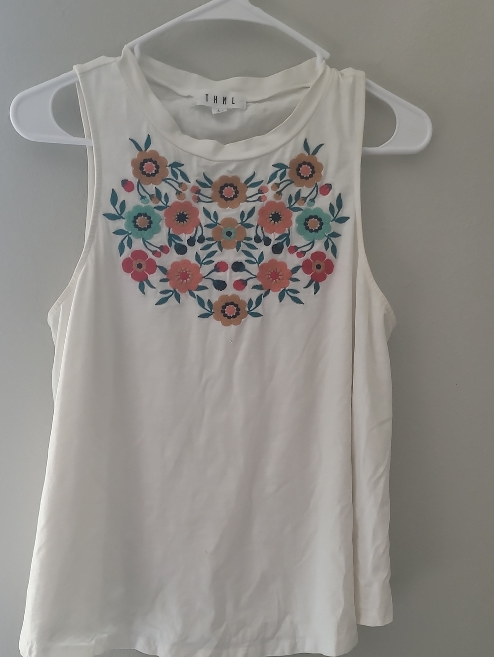 THML White Sleeveless Tank with Multicolor Floral Embroidery